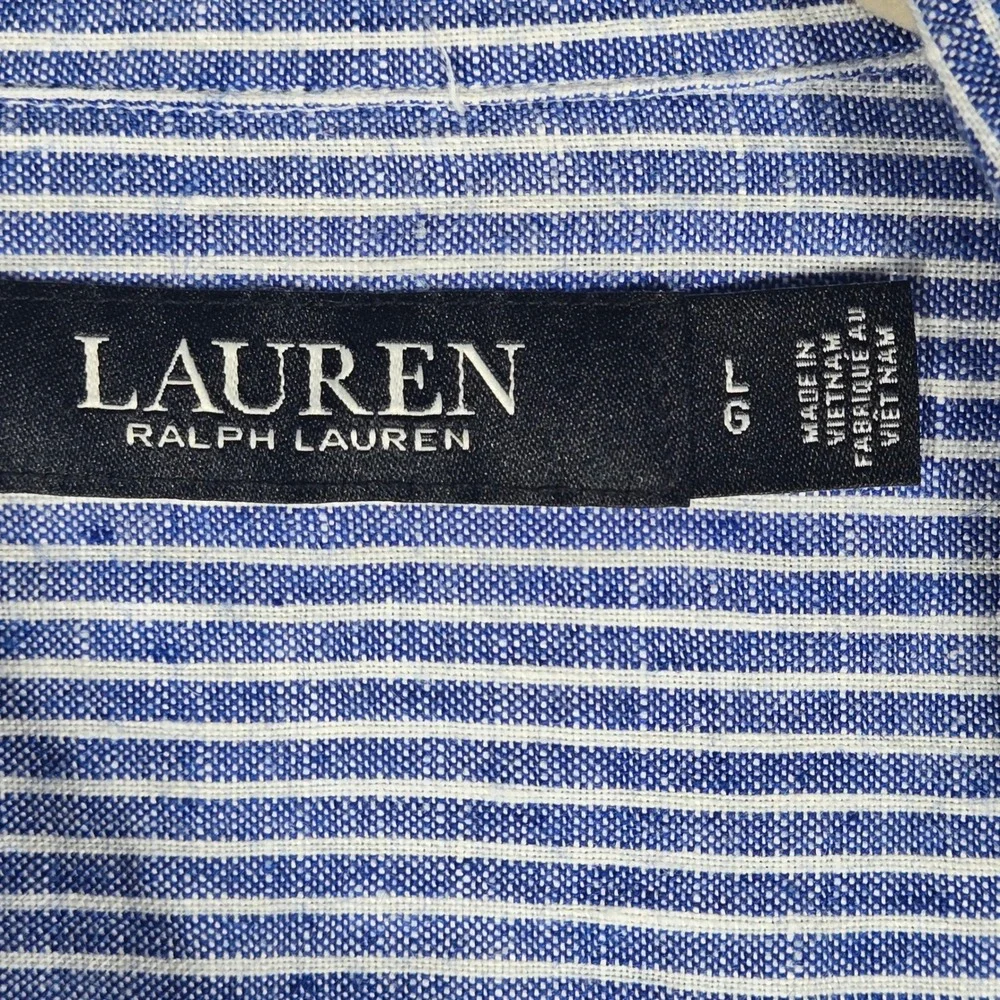 Lauren Ralph Lauren Shirt L Blue White Striped 100% Linen Tie Front Short Sleeve - Picture 3 of 11
